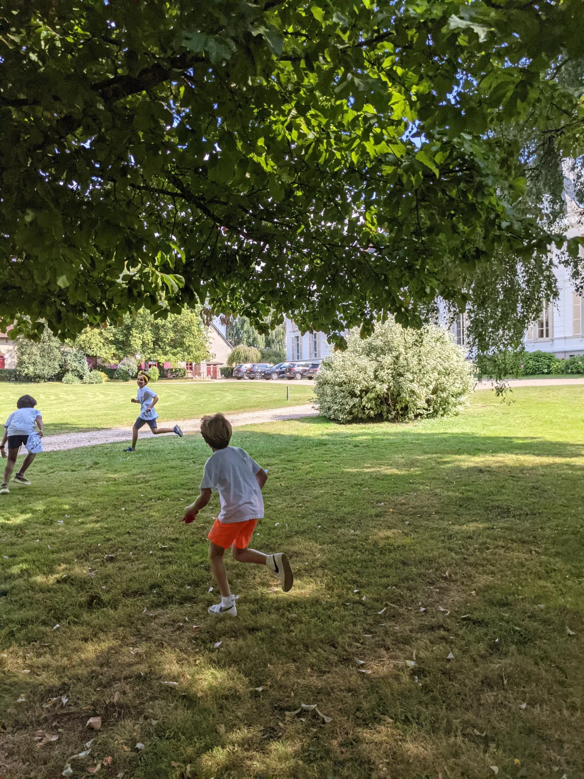 Children running through the trees of a château's grounds during a wedding